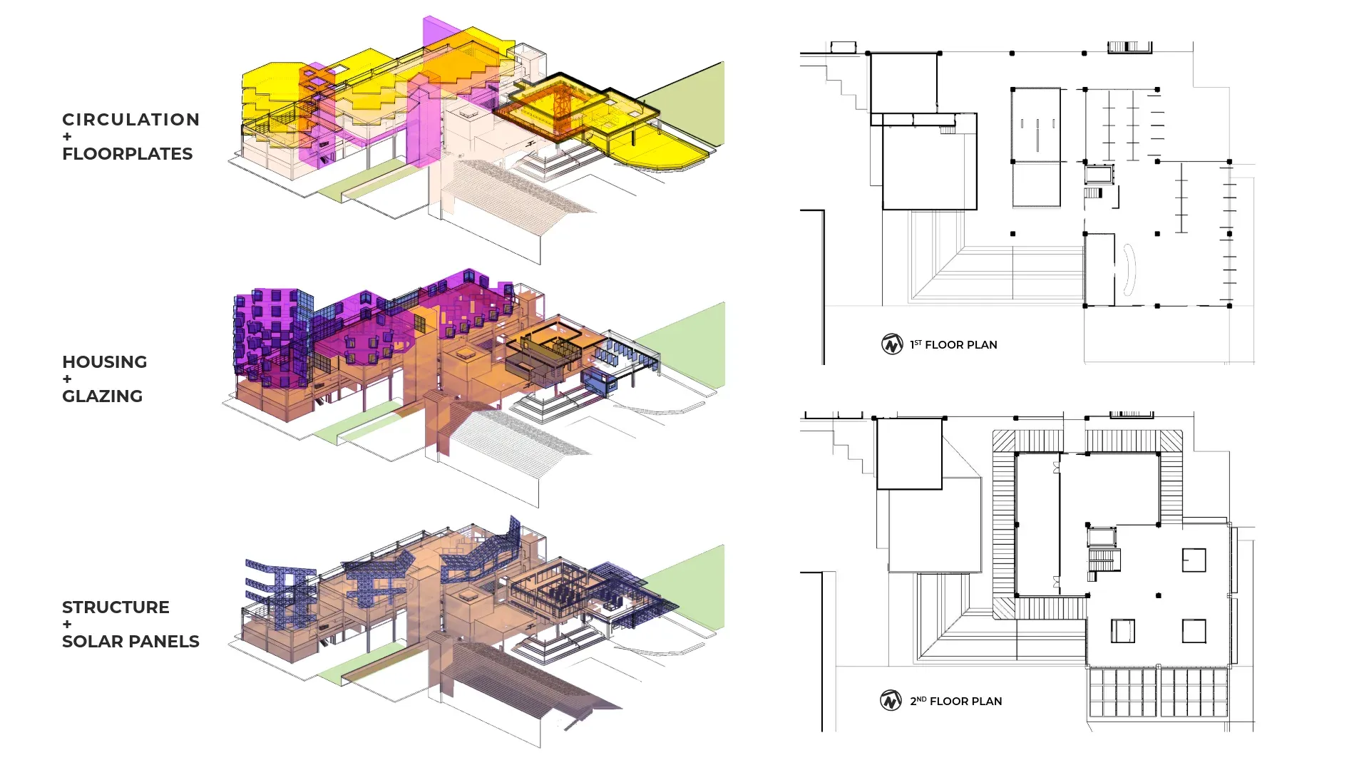 Layered diagrams separating circulation and floorplates, housing and glazing, and structure and solar panels, beside first and second floor plans