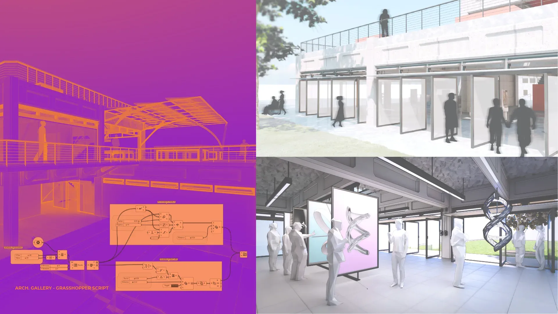 Grasshopper definition for the gallery canopy alongside renders of the glazed entry and an interior exhibition space