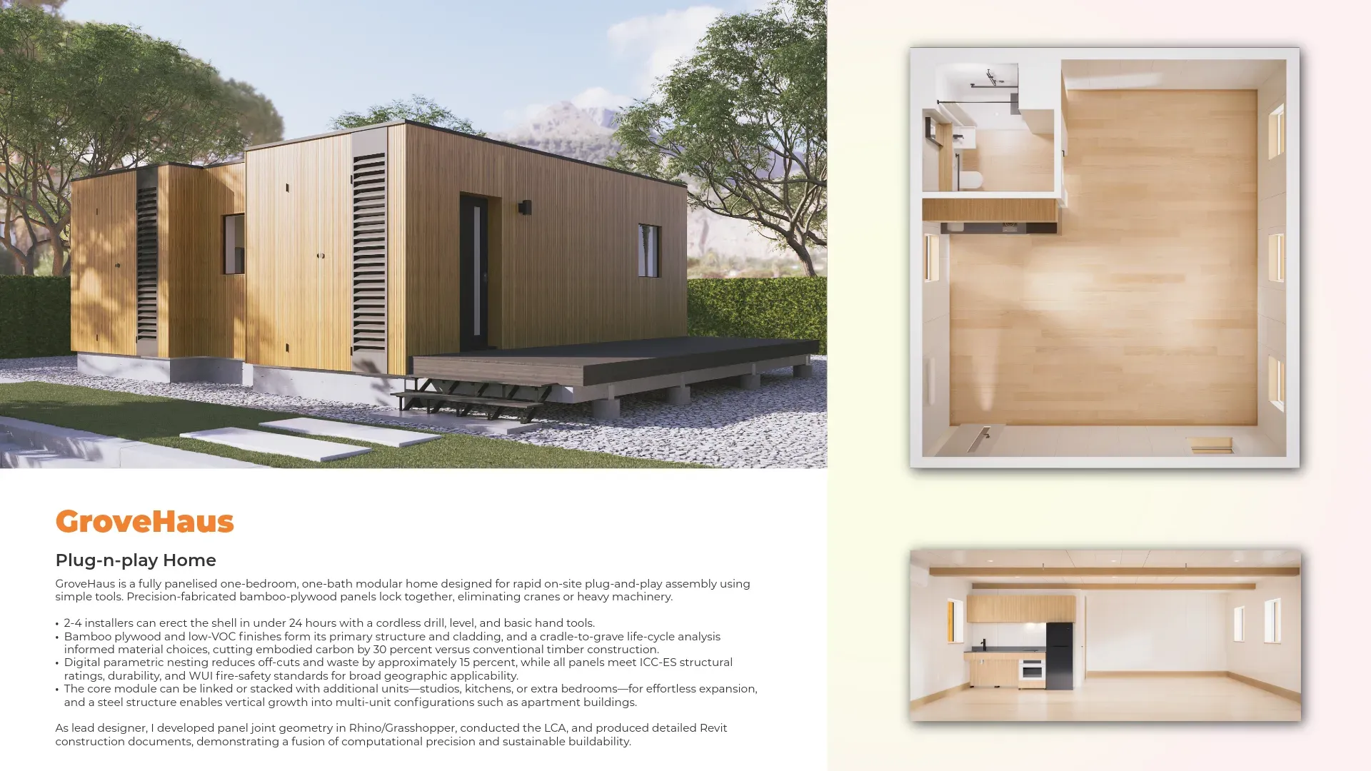 Exterior render of GroveHaus, a timber-clad modular home on a raised deck, with interior plan and kitchen views alongside