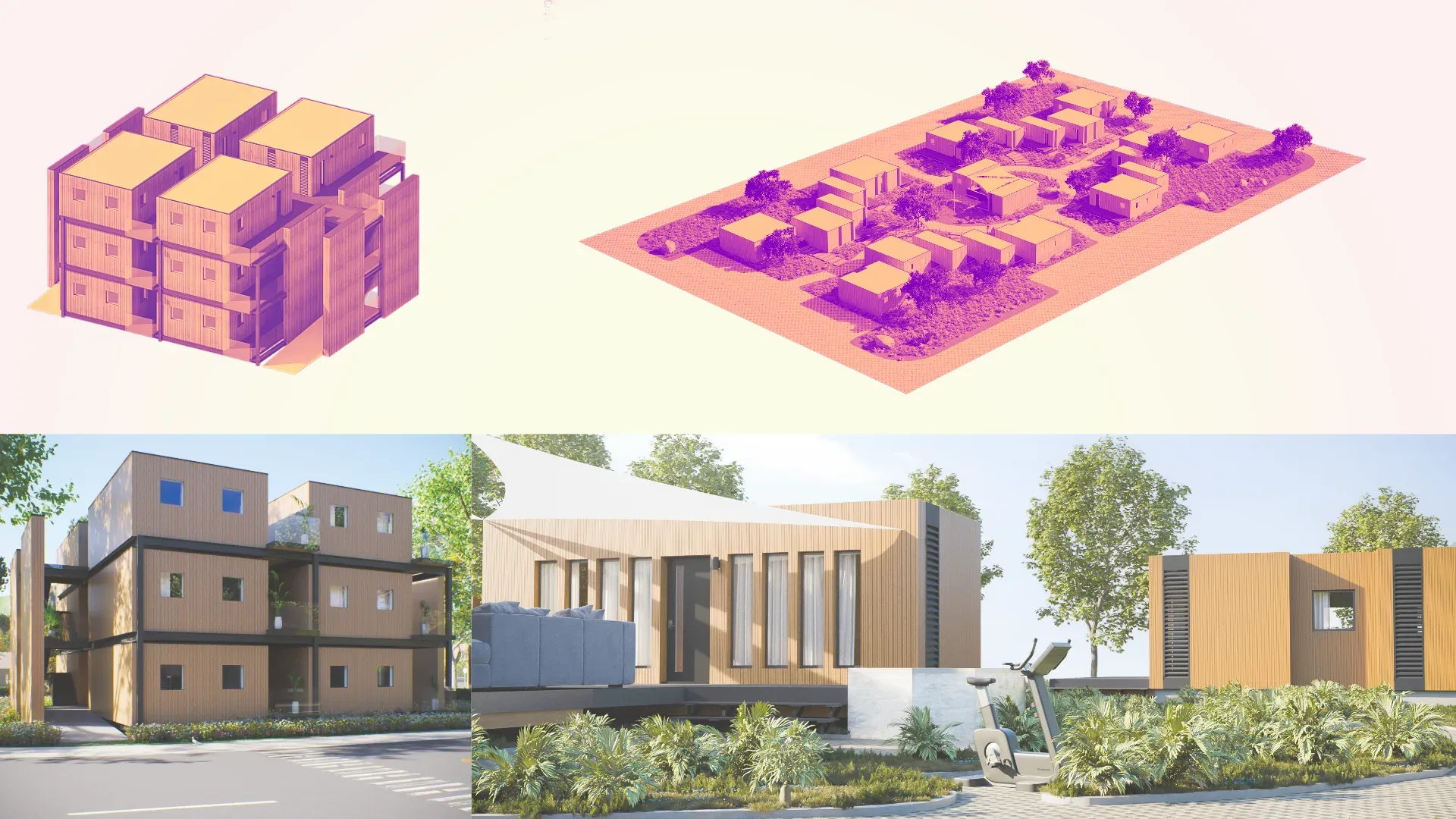 Stacked and site-plan axonometrics of GroveHaus modules, with renders of a three-storey configuration and a single-storey unit