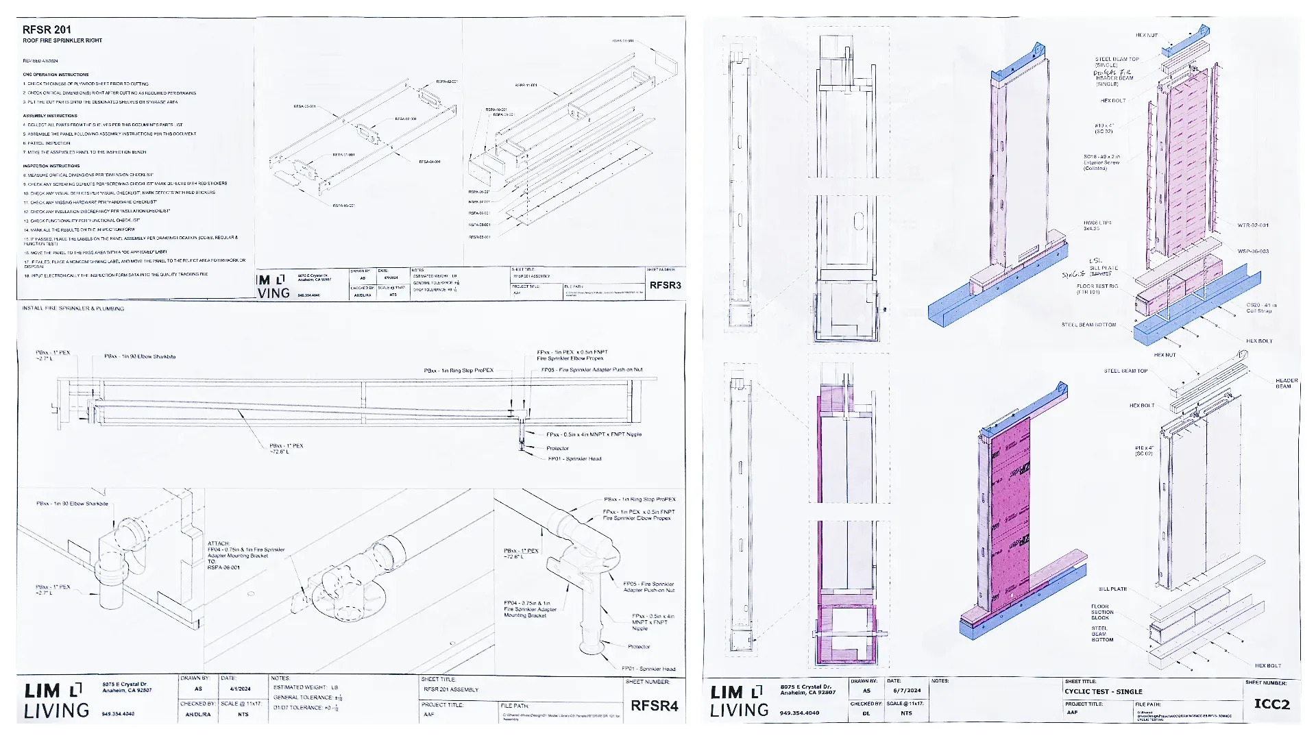 Construction documents: roof fire-sprinkler assembly drawings and ICC cyclic wall test details